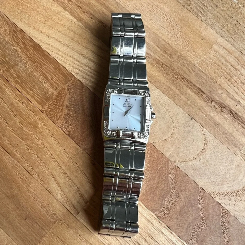 Citizen eco-drive ladies square dial silver tone diamond dress watch